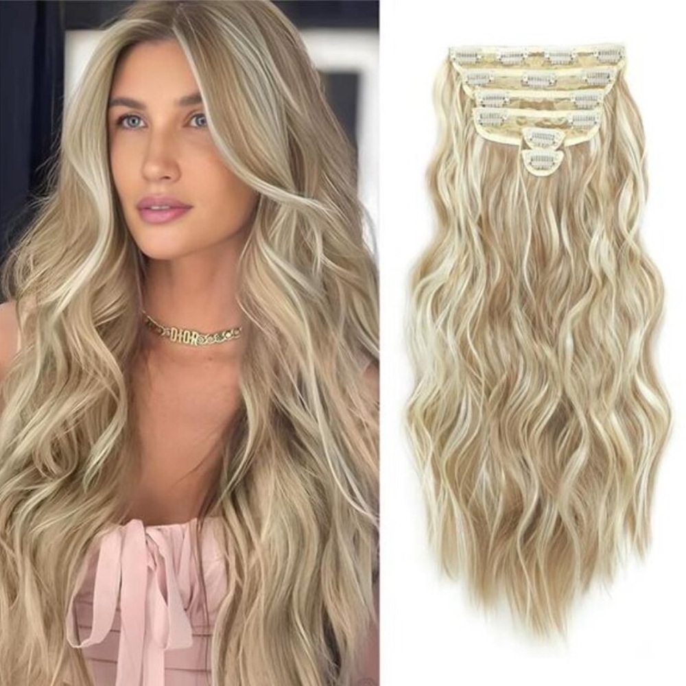 6PCS Long Wavy Curly Clip on Dark Ash Blonde Mixed Bleach Blonde